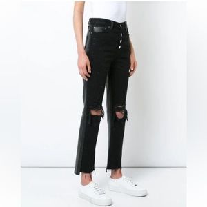 AMIRI Leather And Denim Cropped Flair Jeans in Black